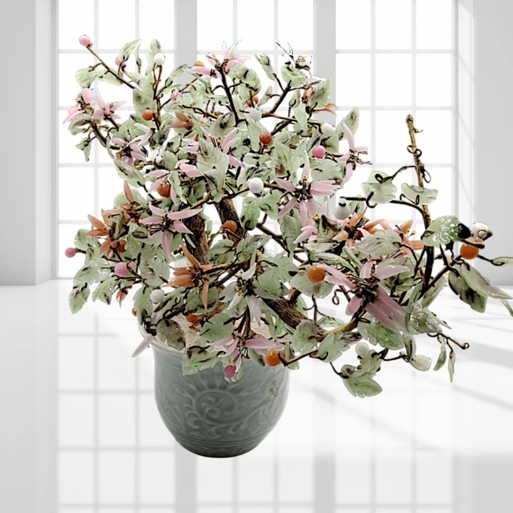 Bonsai Jade Tree Semi-Cascade Style with Pink, White, Salmon Glass